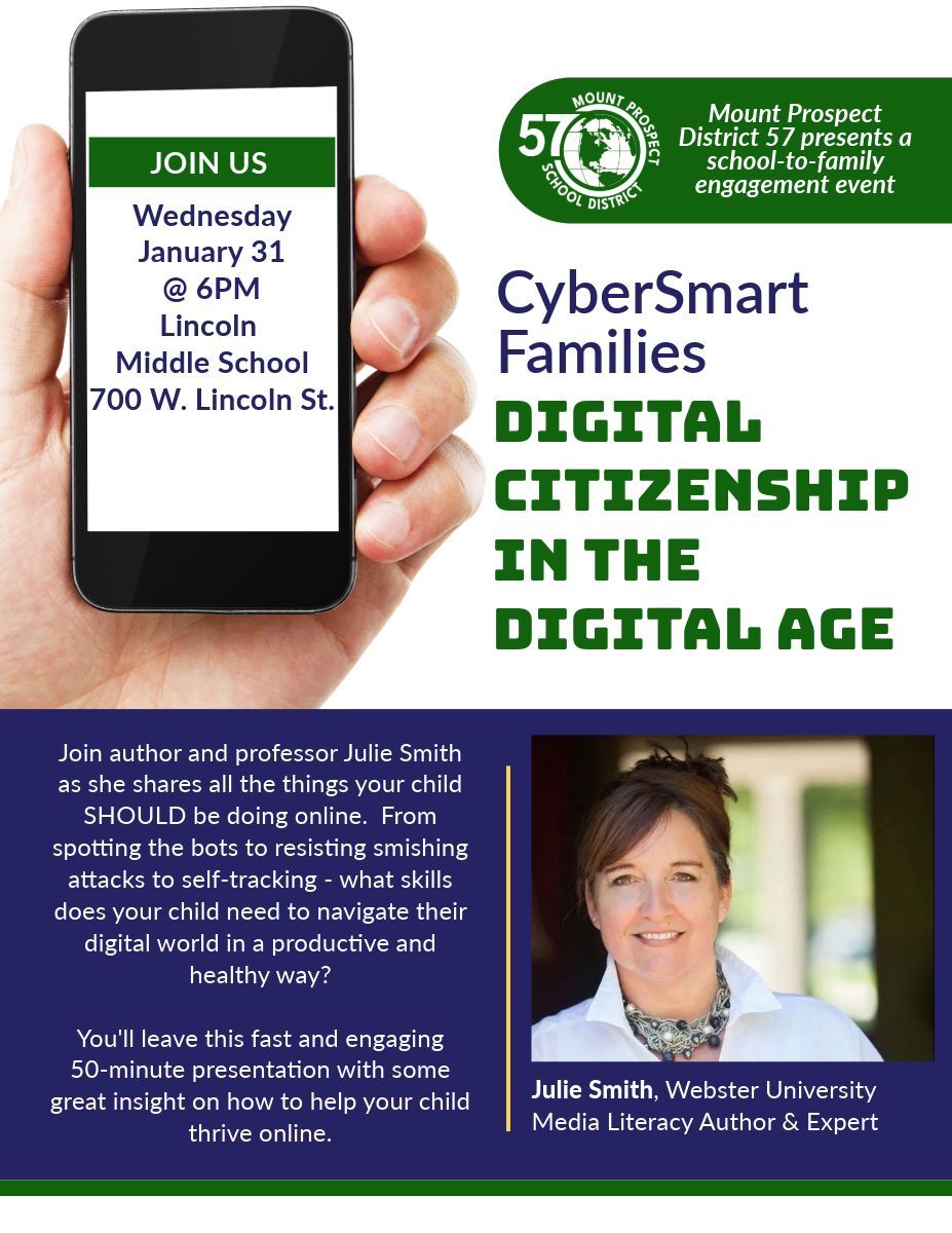 Join us TOMORROW at 6PM for a special school-to-family engagement event at Lincoln Middle School. Celebrated author, professor &amp; media literacy expert Julie Smith offers a 50-minute insightful presentation on how your child can thrive online. <a href="/julnilsmith/">Julie Nilsson Smith</a> #D57EveryStudentEveryDay