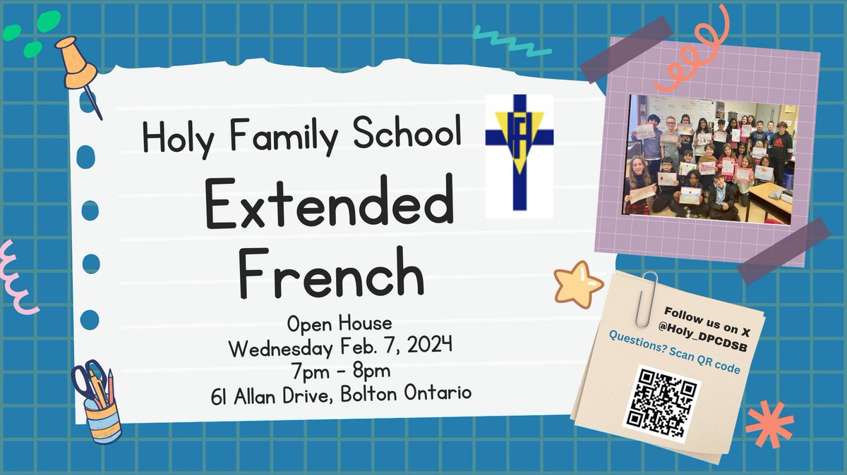 All Grade 4 families are invited to join us for our Extended French Open House information evening on Wed. Feb. 7,  2024 at 7pm.