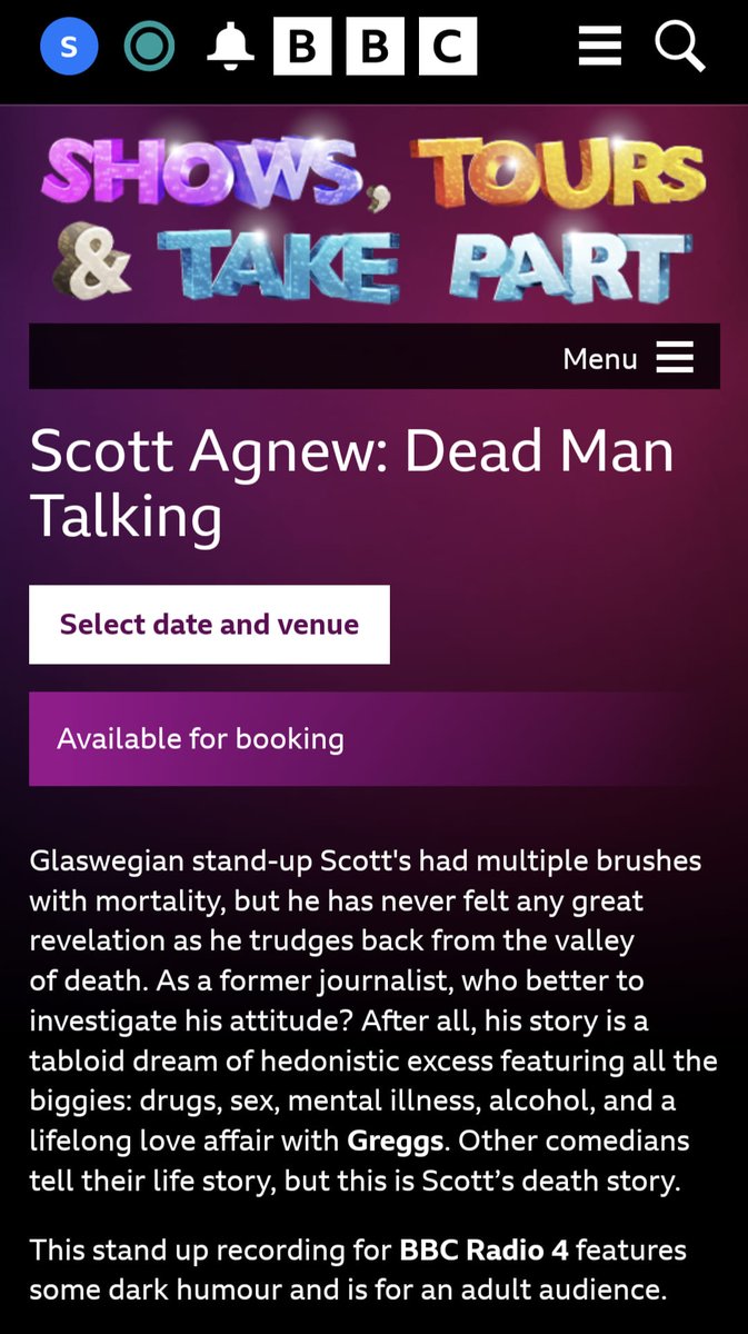 if you live in glasgow do yourself a favour and go see @scottagnew recording his radio 4 show at websters theatre. the best pure storyteller i've ever seen live without a doubt x