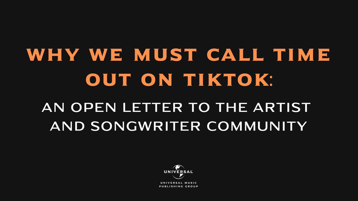 UMPG's tweet photo. Our core mission is simple: to help our artists &amp; songwriters attain their greatest creative and commercial potential, which is why we must call time out on TikTok.

Learn More: https://t.co/4wZhqkggnX https://t.co/a1TPDJbkIX