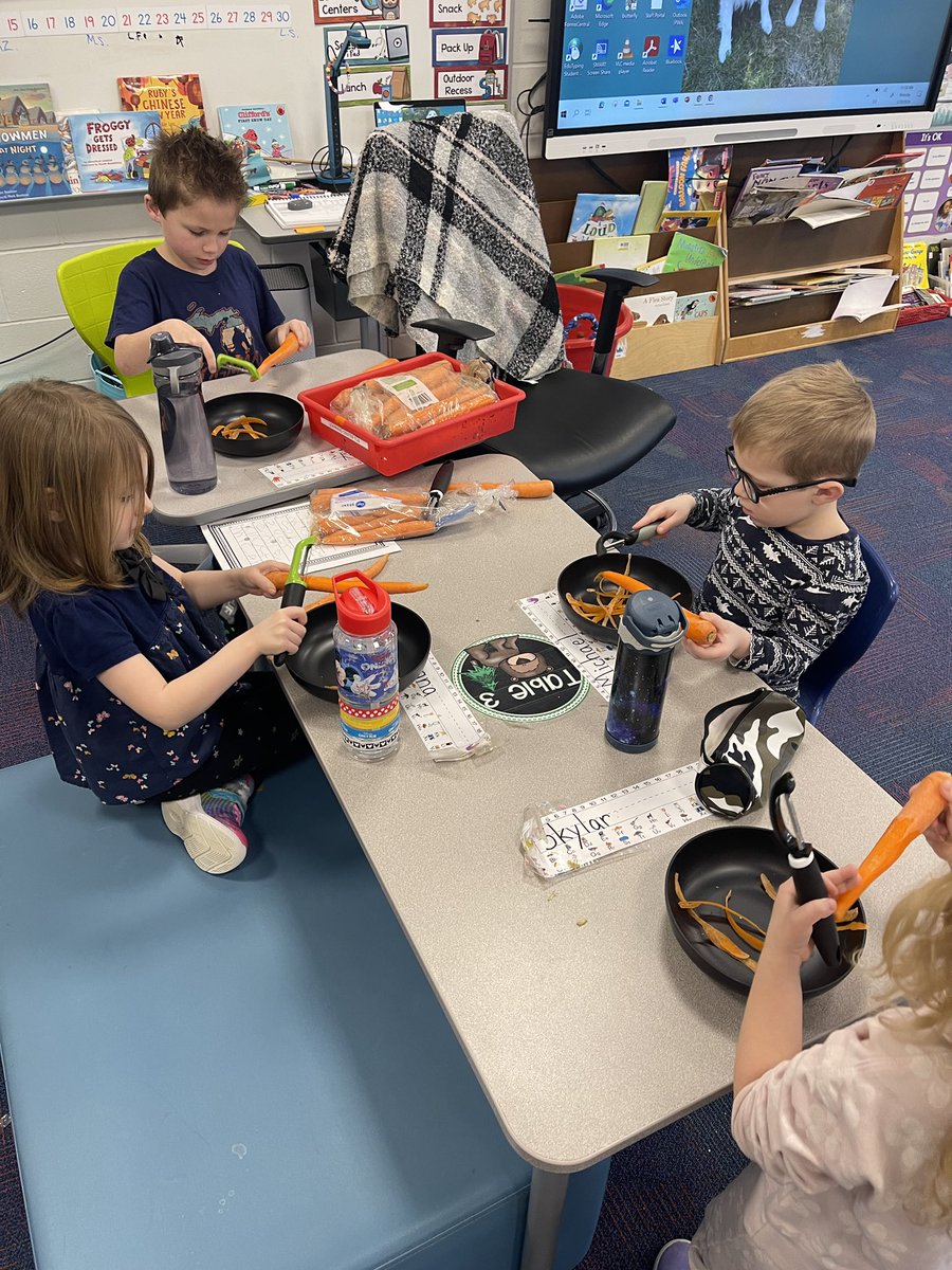 DK students learned centers this week. They peeled carrots for fine motor and for an animal print project to put outside Then, students will try to identify what animals came to eat. @LkOrionSchools