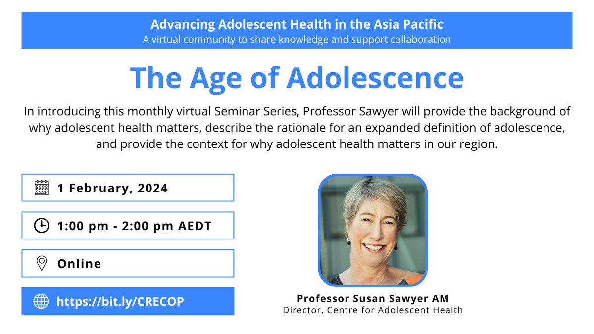 Don’t forget to register for the first session in the Advancing Adolescent Health in the Asia Pacific - AGE OF ADOLESCENCE, presented by Professor Susan Sawyer AM. 🙌Register here: bit.ly/CRECOP #adolescenthealthandwellbeing