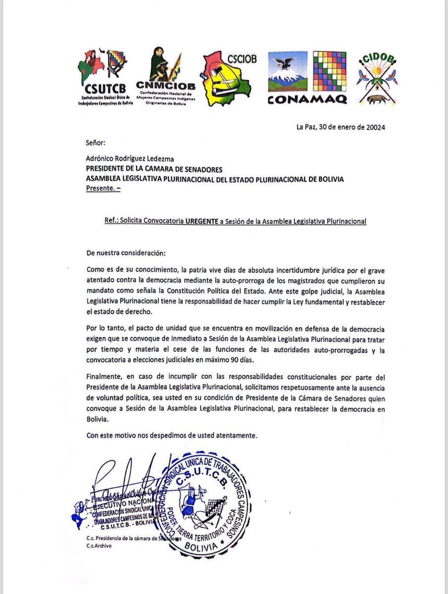 Apostolosrojo's tweet image. Notas de pedido de aprobación de #EleccionesJudicialesYa  y respeto a la CPE enviadas por parte del ejecutivo de la #CSUTCB #PoncianoSantos al presidente del Senado y presidente nato de la Asamblea legislativa Plurinacional