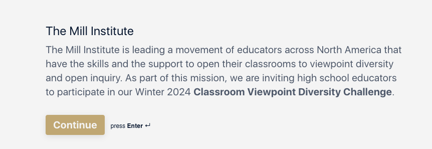 The @millatuatx invites high school educators to participate in their Winter 2024 Classroom Viewpoint Diversity Challenge! The Viewpoint Diversity Challenge is a free resource that supports high school classrooms to lay the foundation for open inquiry and viewpoint diversity…