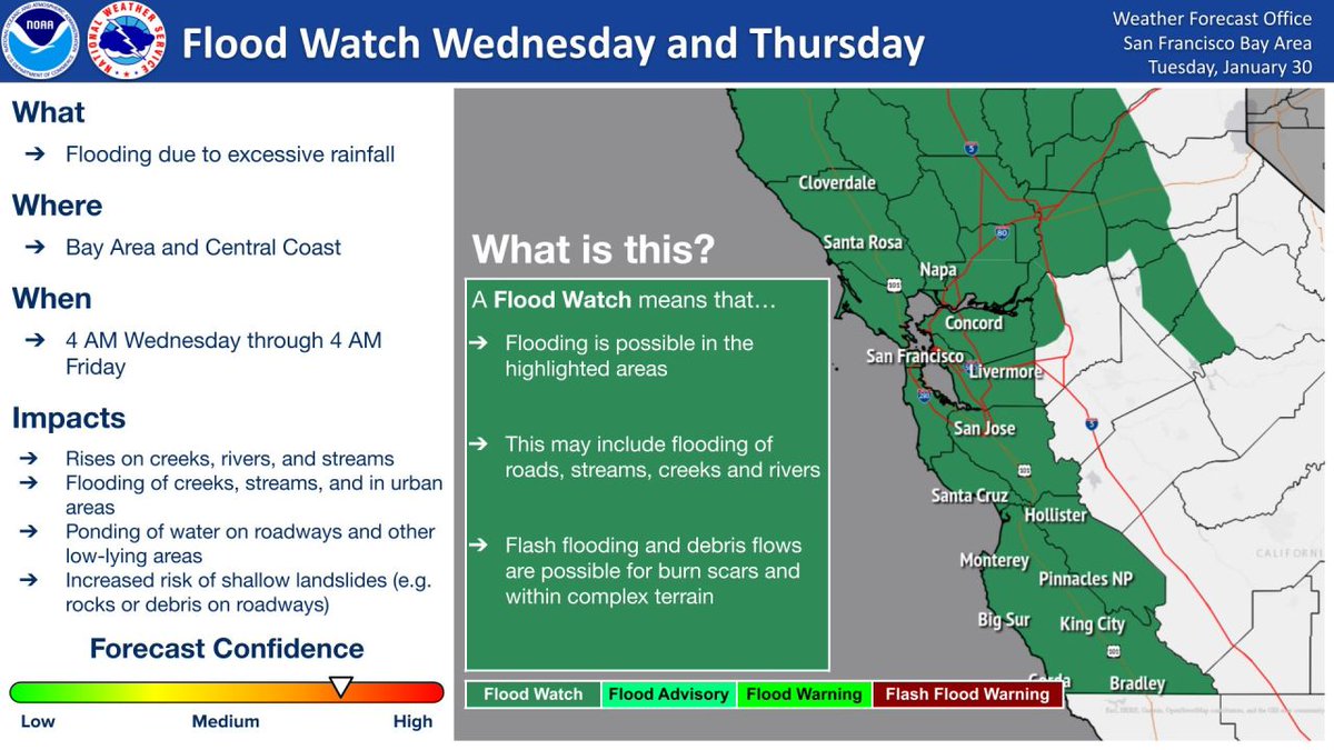 High Rain Fall, Flood Watch & High Wind Advisory In Effect Starting Wednesday. Be aware of changing road conditions and storm impacts. The City will continue to monitor forecasts and conditions. Visit cityofpaloalto.org/StormUpdate for full update & resources. #PaloAltoStorm