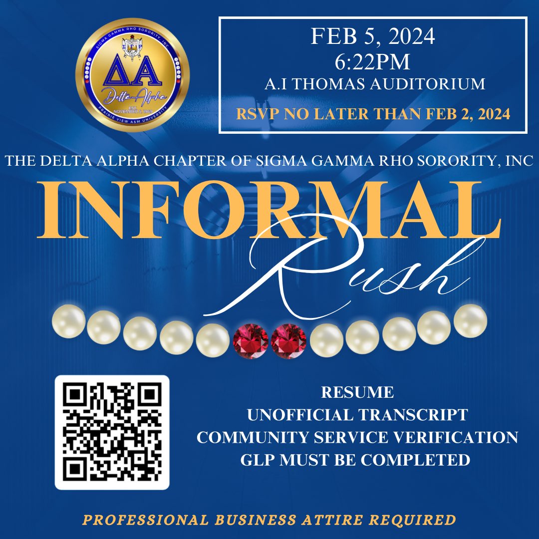 pvamupoodles's tweet photo. Want to learn about our illustrious sorority? Join us February 5th, 2024 at 6:22PM in the A.I Thomas Auditorium.
Come and meet the ladies of The Divine Delta Alpha Chapter of Sigma Gamma Rho Sorority, Incorporated.ππ
#SigmaGammaRho #DeltaAlpha #SGRHO #InformalRush https://t.co/QYK0AJUOU6
