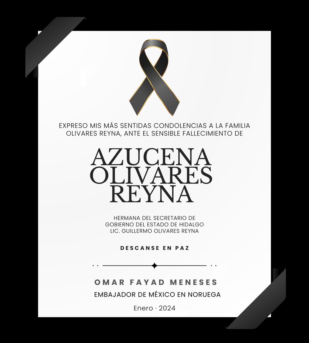 Envío mis más sinceras condolencias a @MemoOlivares_, titular de @SEGOBHidalgo, por el sensible fallecimiento de su hermana Azucena Olivares Reyna. Pronta resignación a familiares y amigos. Descanse en paz 🙏🏼🕊️.