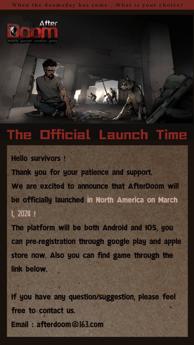 AfterDoomOS's tweet photo. Hello survivors!
Thank you for your patience and support.We are excited to announce that #AfterDoom will be officially launched in North America on March 1, 2024!🎉
Google play: https://t.co/9GvE8zVE9O
Apple store:https://t.co/Yu9kcNCHxe
Discord:https://t.co/DvC4wK5066 https://t.co/zHUlcllsYH