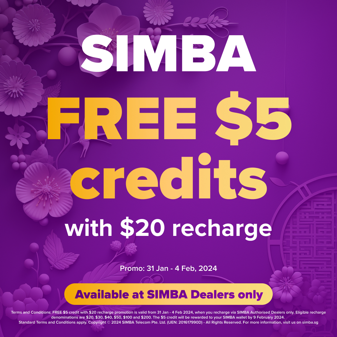 SimbaTelecomSG's tweet photo. Caption:
ALERT! SIMBA subscribers only!

Festive Special! Free $5 credit with $20 SIMBA recharge. Promo valid 31 Jan to 4 Feb, 2024.

* Bonus will be credited by 9 Feb 2024

SIMBA wishes you a Happy CNY!

#SIMBA #SimplyTheBest #Singapore #5G #BestValuePlan #dealers #promotion https://t.co/rXGzCXqyyl