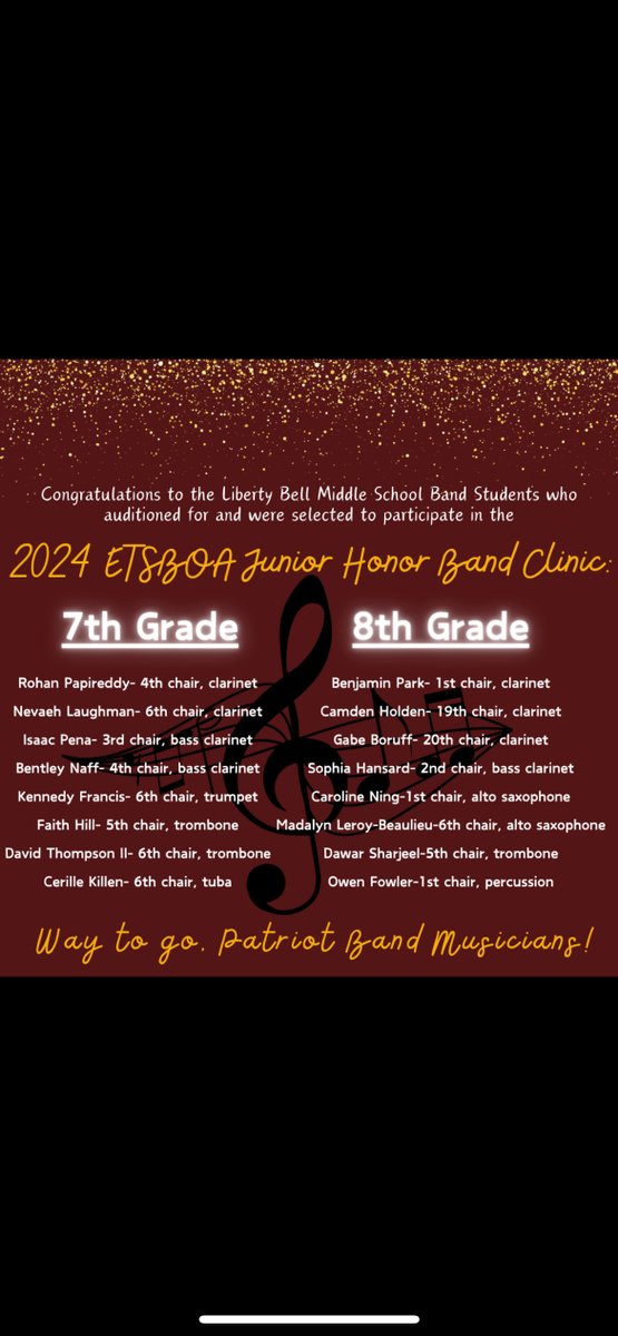 ScienceHillBand's tweet photo. Congratulations to our friends from the Liberty Bell Middle School Band for their selection to the ETSBOA Jr. Clinic Honor Band! Way to go! @jcityTNschools #jcsband #topperband https://t.co/BonWQfuMG7