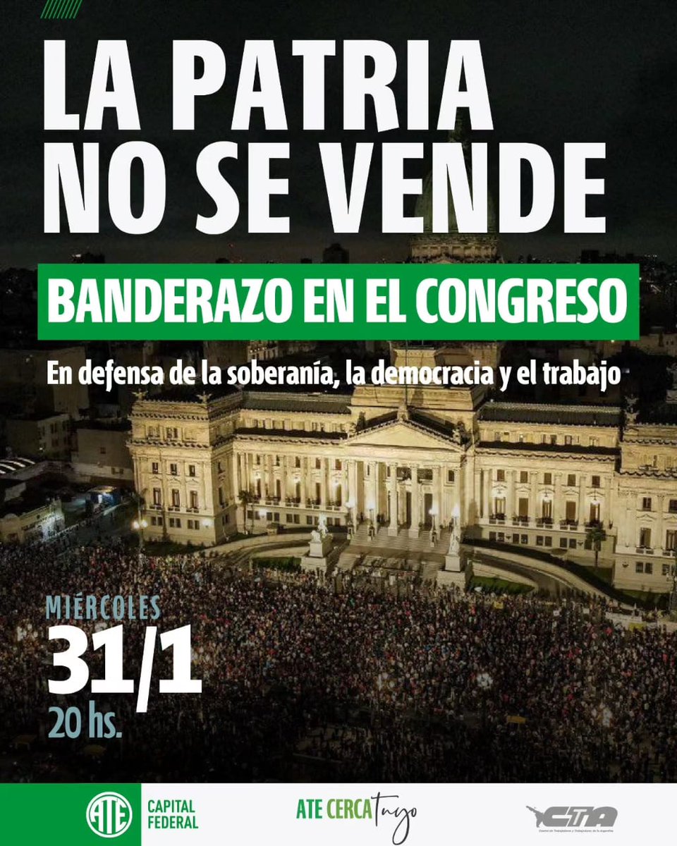 MIÉRCOLES 31/1 NOS VEMOS A LAS 20 HS EN CONGRESO

En defensa de la soberanía, la democracia y el trabajo.

🇦🇷 La patria no se vende, se defiende 🇦🇷