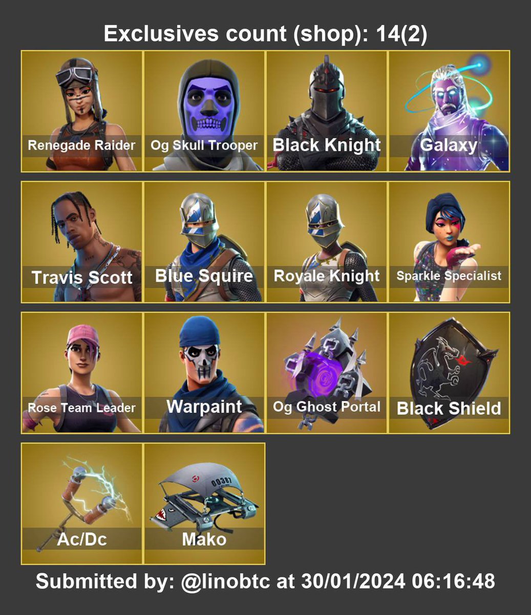 100+ Renegade Raider + Og Skull + Black Knight + Galaxy + Travis Scott + 8800VB - Non full access on gmail Gmail is fucked by prev Was purchased from ogo by mal Psn info , Xbox info Clean & safe to main Recent activity by prev - Co: $700 Bin: $OFFER