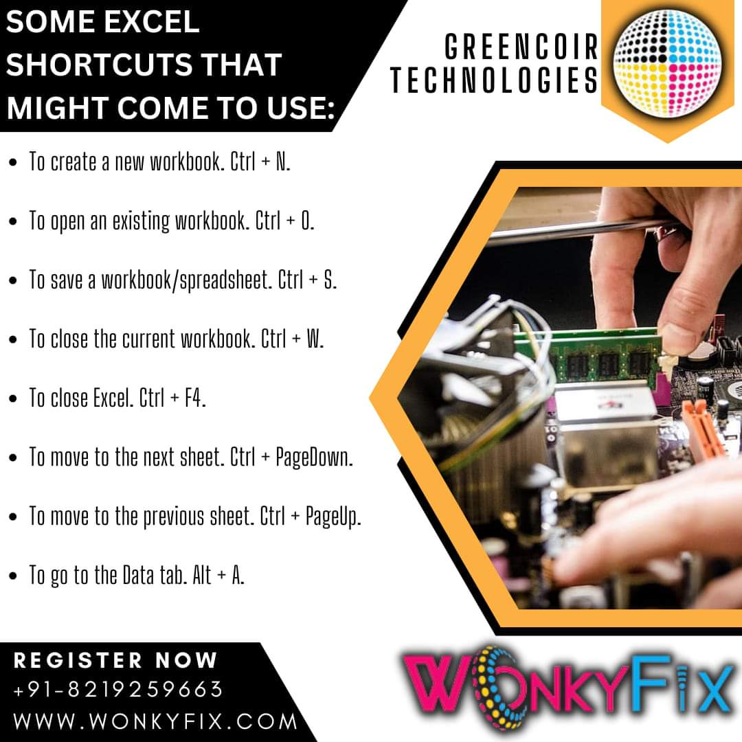 GreencoirT's tweet image. TECH TIPS BY WONKYFIX 

SOME EXCEL SHORTCUTS THAT MIGHT HELP YOU 
WONKYFIX 
ONE STOP SOLUTION FOR ALL YOUR IT NEEDS 
CONTACT US ON +918219259663
 #technologyupdates #Techideas #spreadtheknowledge #addvalue #itsolutionsprovider #techhacks #weeklyupdates #exceltips #excelshortcuts