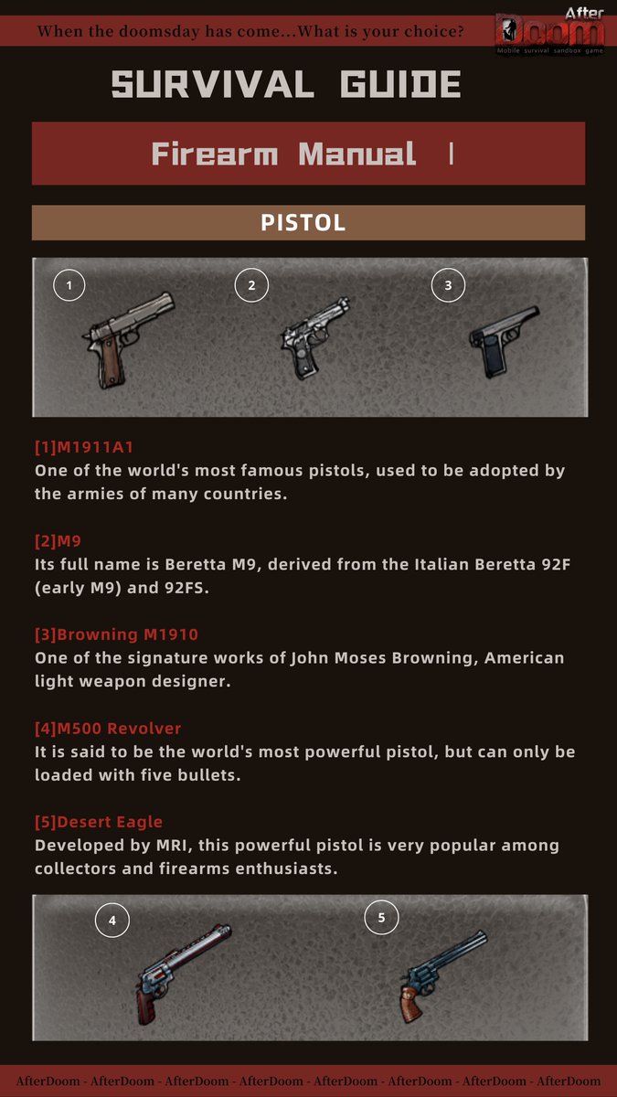 AfterDoomOS's tweet photo. 【Survival Guide-Firearm Manual II】- PISTOL

✨Google play>>https://t.co/9GvE8zVE9O
✨Apple store>>https://t.co/Yu9kcNCHxe
✨Official Discord>>https://t.co/DvC4wK5066

#AfterDoom https://t.co/ubjyotNSQ8