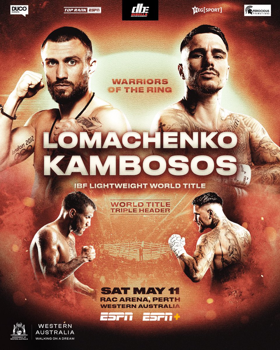 𝐖𝐀𝐑𝐑𝐈𝐎𝐑𝐒 𝐎𝐅 𝐓𝐇𝐄 𝐑𝐈𝐍𝐆. 

A special Lightweight world title clash is headed to Perth - live on @ESPN 🇦🇺⚔️

#LomaKambosos | #WAtheDreamState