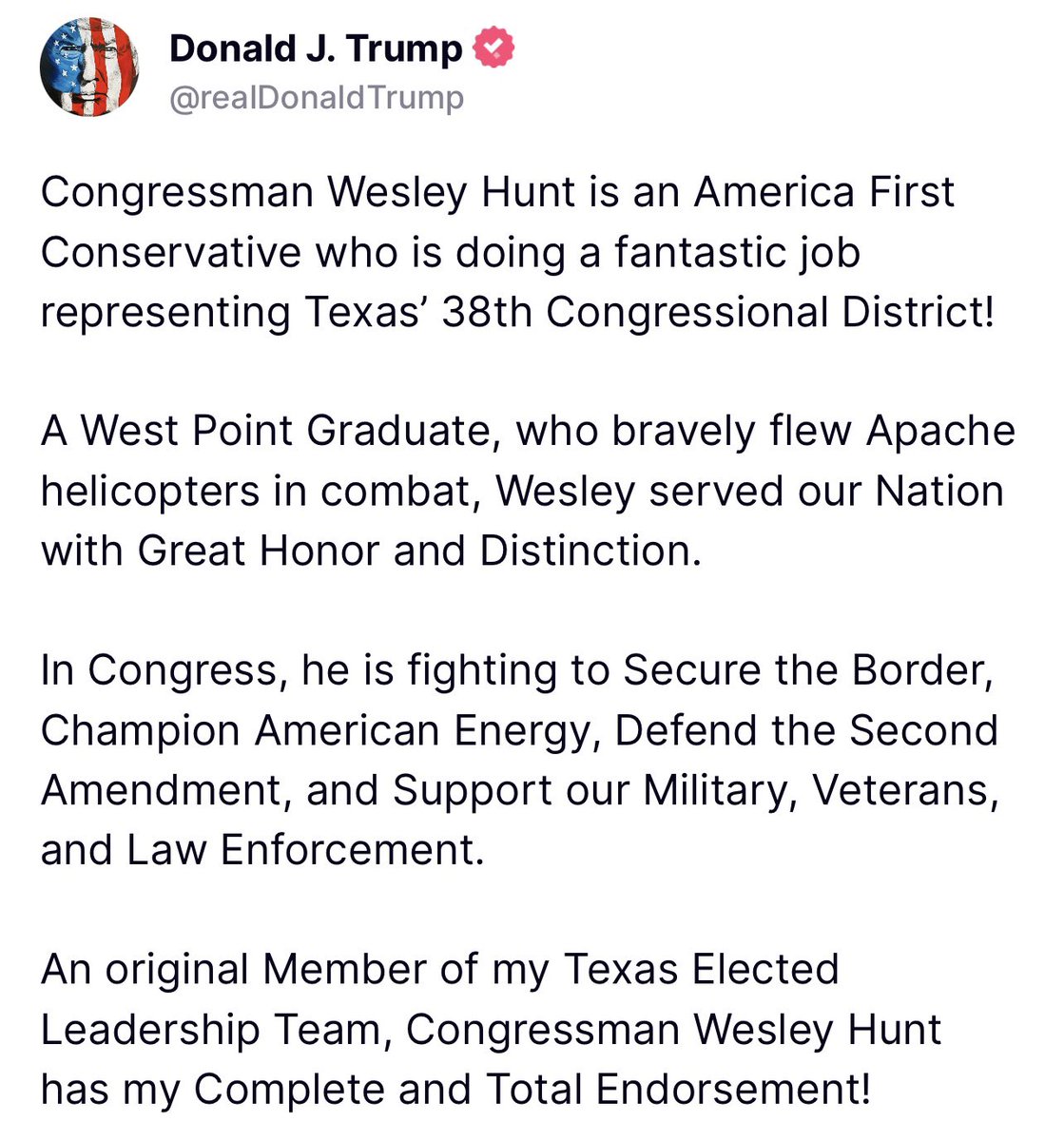 Thank you Mr. President for this powerful endorsement.  It’s the greatest honor of my life to continue fighting for the people of #TX38 and for our country.

The people of Texas know that there’s one man who can save America from the brink of disaster and it’s you.  

Looking…