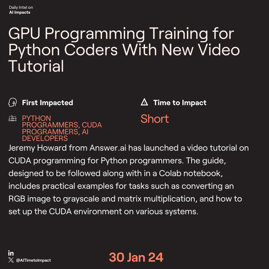 AITimetoImpact's tweet image. Enhance your Python programming skills with Jeremy Howard&apos;s insightful CUDA tutorial. A valuable resource for mastering GPU programming in Python. #PythonDevelopment #CUDATutorial #AIProgramming