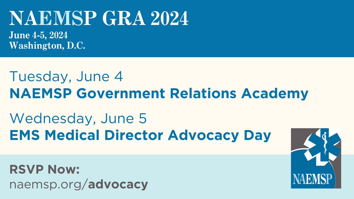 Registration is open now for the 2024 NAEMSP Government Relations Academy & EMS Medical Director Advocacy Day! Learn more about NAEMSP's largest annual advocacy event and RSVP now: naemsp.org/advocacy/