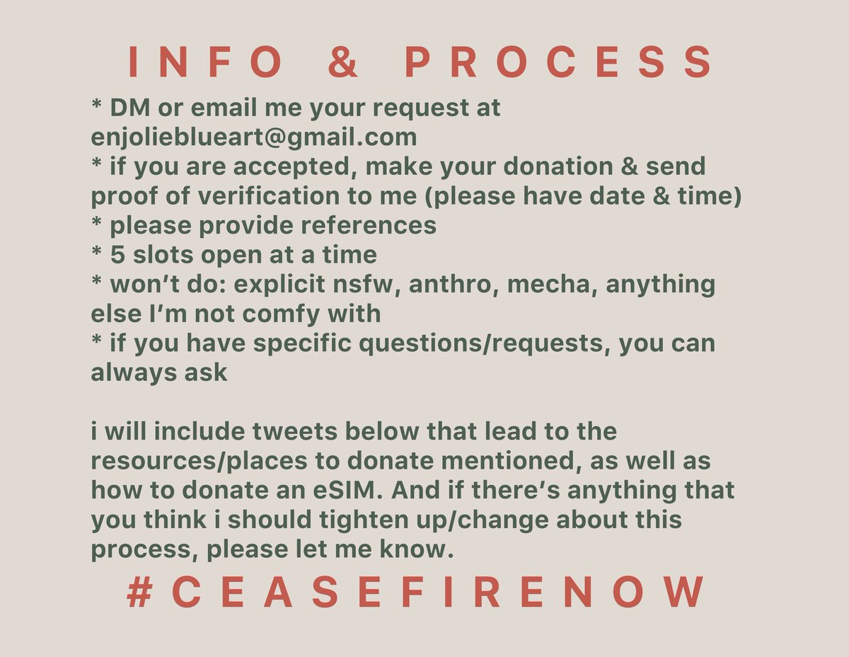 ❤️ donation comms open ❤️

i’m offering donation sketch comms in exchange for proof of donations to <a href="/CareForGaza/">Care For Gaza</a> or donation of eSIMS. i’m doing 5 slots at a time and will update if/when I can do more 🇵🇸

resources on where to donate &amp; how in the thread below 🧵