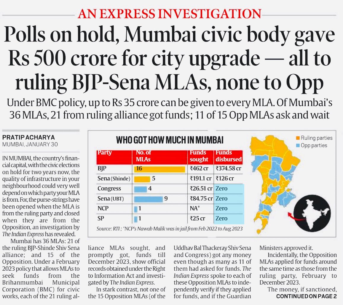 There are many ways to destroy a democracy. Punishing people who don’t vote for you is one of them.

In Bombay, MLAs of BJP and Shiv Sena (Shinde), get Rs 500 crore in the name of infrastructure.

Congress, Shiv Sena (Uddhav), NCP, SP get Rs 0 crore. @IndianExpress @_iampratip
