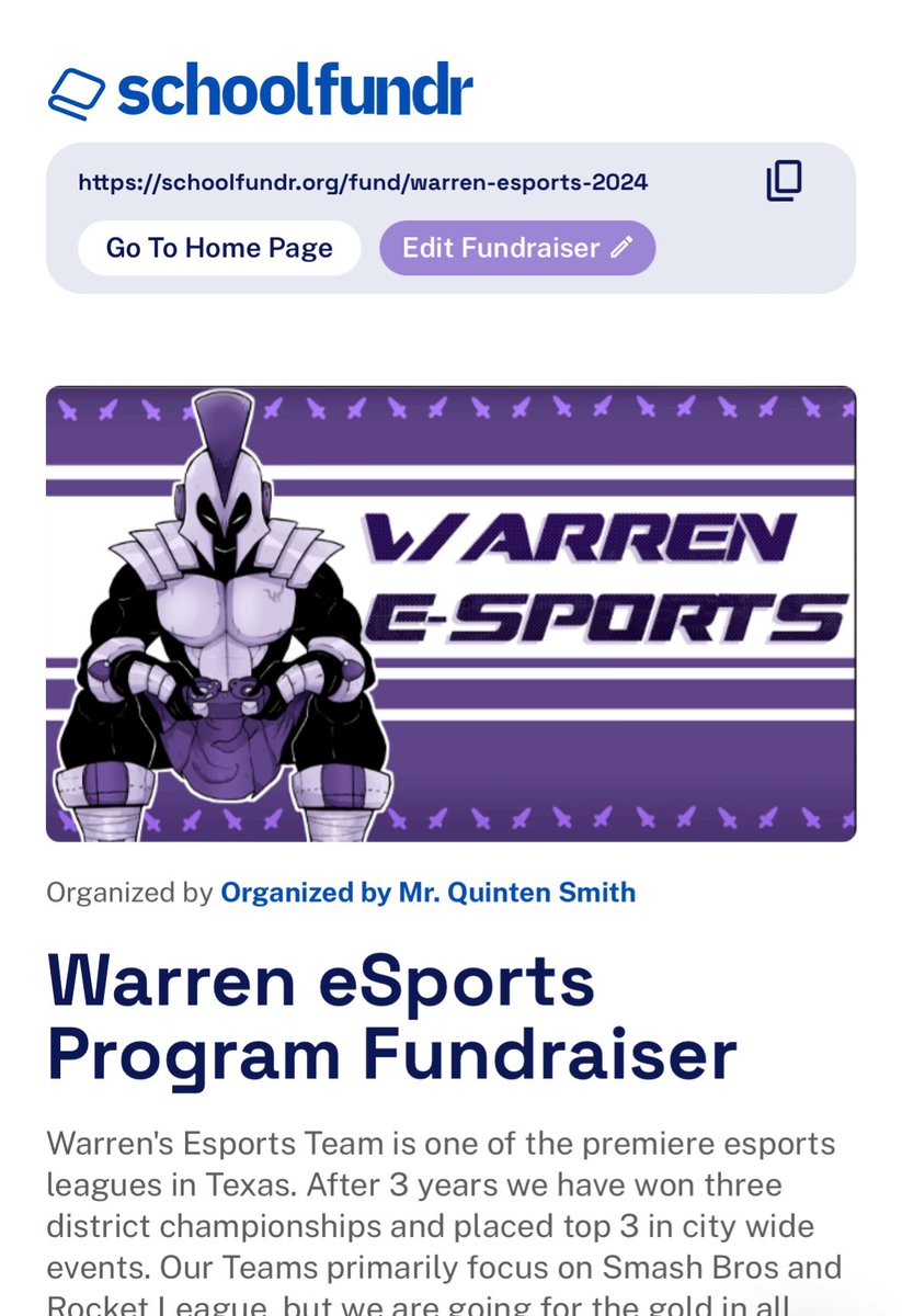 Your favorite esports team is fundraising! We are looking to get some more controllers and setups for more optimized practices along with jerseys for our new players! Please help and share! @nisdesports @NISDWarren schoolfundr.org/fund/warren-es…