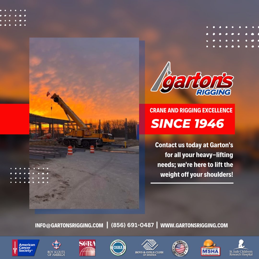 Gartonsrigging's tweet image. 🏗️ Lifting Your Expectations Since 1946! At Garton&apos;s Rigging, we bring decades of crane and rigging excellence to every project. Need a heavy-lifting expert? We&apos;re just a call or click away. 🌟
#GartonsRigging #HeavyLiftingExperts #Since1946