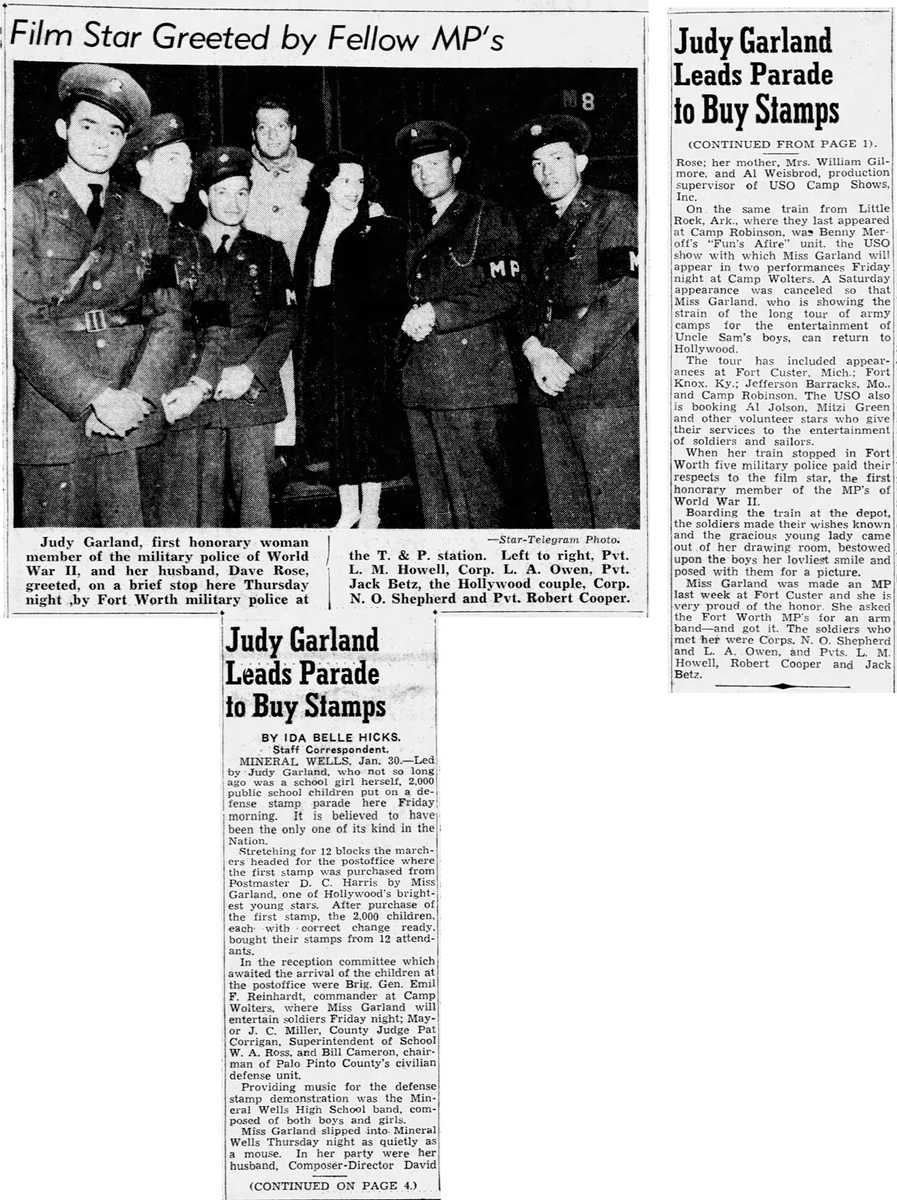 TheJudyRoom's tweet photo. January 30, 1942: Judy arrived at Camp Wolters in Mineral Wells, Texas, the last stop on her USO tour of Army camps with husband David Rose, mom Ethel, and assistant Baron Poland.  

#judygarland #uso #mineralwells #campwolters #usotours #thejudyroom https://t.co/G2FPwZPTUC