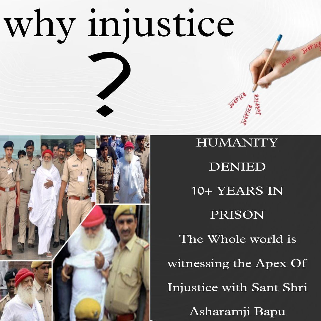 SaighalNeeru's tweet image. Injustice Prevails endlessly❗

Bail rejected everytime #BasicHumanRights denied for Proper Medical Treatment to Sant Shri Asharamji Bapu❗

A case of injustice at its peak and inhuman treatment to 87yrs old Hindu saint❗