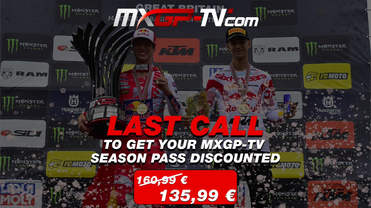 mxgp's tweet photo. ⏰ LAST CALL ⏰

2024 will be exciting! Be quick to make sure to get your MXGP-TV season pass with a special discounted price ✨ 🤩 

Offer ends TODAY ⏱️🚨👇
https://t.co/J2i7fJGcsG

#MXGP #Motocross #Season #MXGPTV https://t.co/wzj6N6dsBR