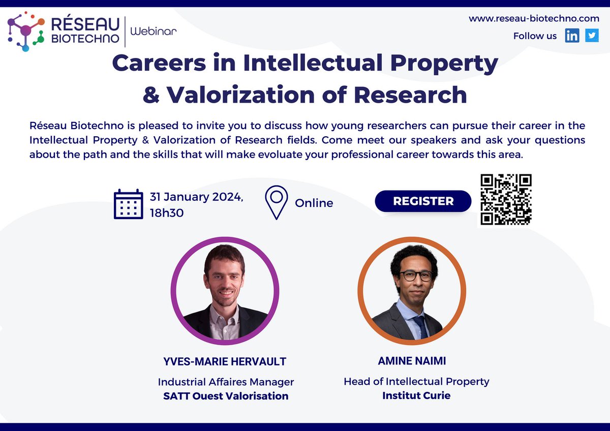📢 Our webinar on careers in Intellectual Property &amp; Valorization of Research is today !!

📆 Join us online from 6:30pm to 8pm

👉 Last chance to register : forms.gle/dvUrbuHMzvv3vW…

#yougresearcher #PhD #intellectualproperty #valorization #research #career #webinar