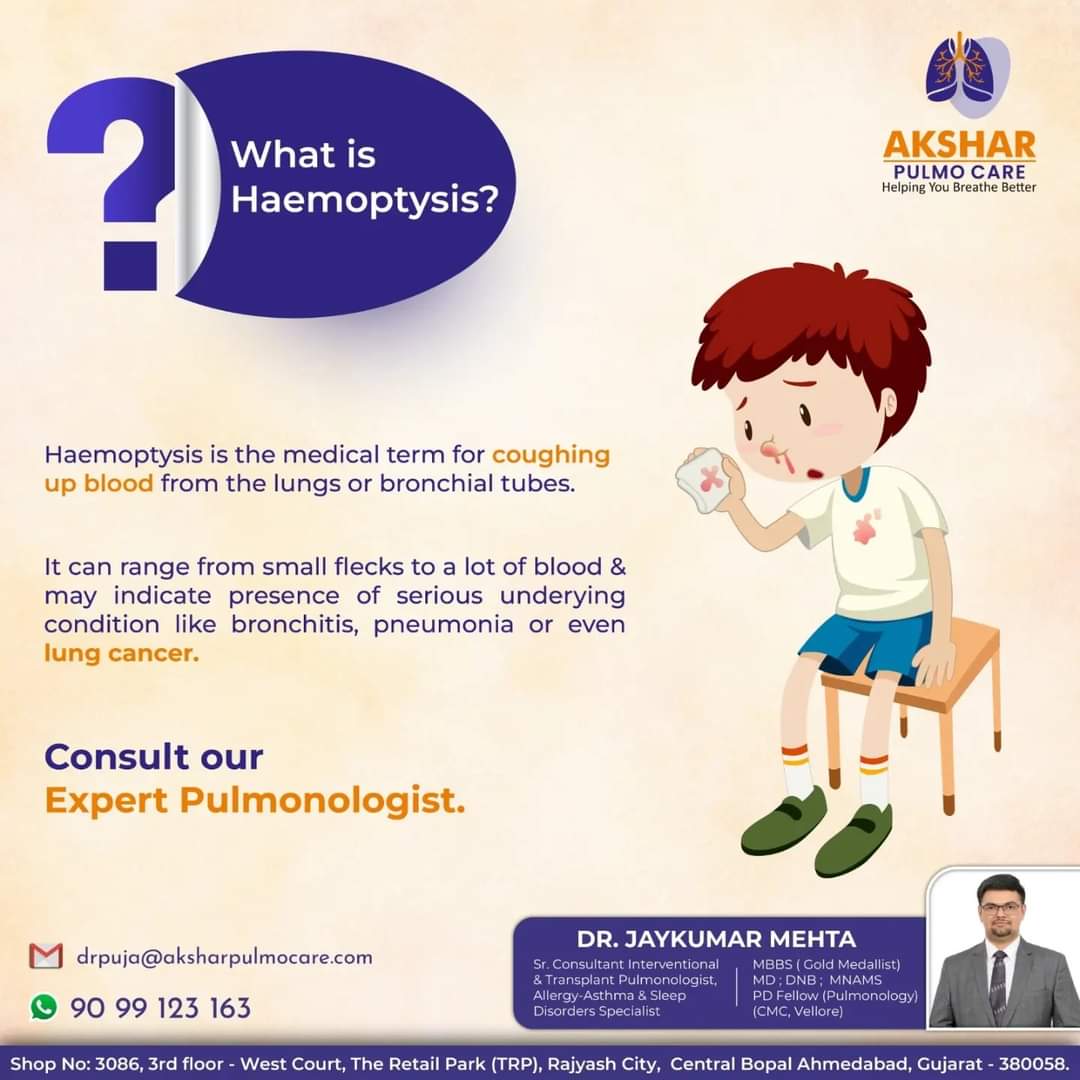 What is Hemoptysis?!

#helplinenu9099123163 #aksharpulmocare #JaykumarMehtaInterventionalPulmonologist #helpingyoubreathebetter #BreatheBetter #pulmonologist #Hemoptysis #lungcancerawareness #coughingupblood