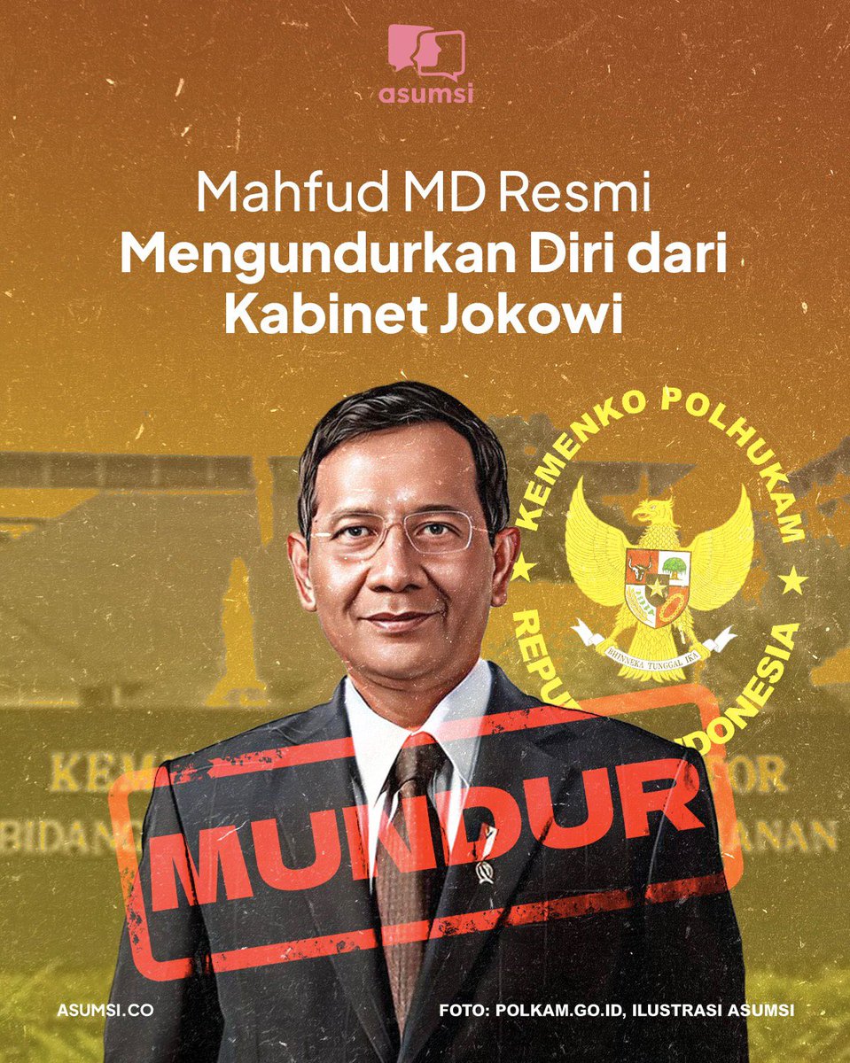 asumsico's tweet photo. Mahfud Md resmi mengundurkan diri dari jabatannya sebagai Menteri Koordinator Bidang Politik, Hukum dan Keamanan (Menkopolhukam) dalam Kabinet Pemerintahan Presiden Joko Widodo (Jokowi), Rabu (31/1/2024). https://t.co/Z2C2R0Rrjs
