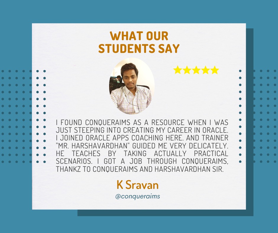 conqueraims's tweet image. 🌟🚀I found Conquer Aims as a resource when I was just stepping into creating my career in Oracle. I got a job through Conquer Aims.
OUR SERVICES:
☆ Oracle Apps Technical
☆ Oracle APEX
🌐Visit: conqueraims.in
#StudentTestimonial #conqueraims