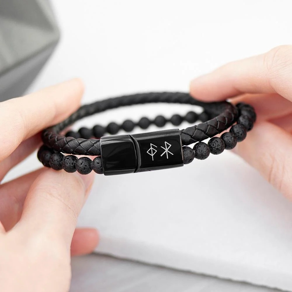 This men's bracelet features a strand of beads and a second strand of woven leather held together with a metal clasp featuring the rune symbols for health and love lilyblueuk.co.uk/jewellery-watc… 

#bracelet #jewellery #mensjewellery #runes #love #giftideas #valentines #mhhsbd #earlybiz