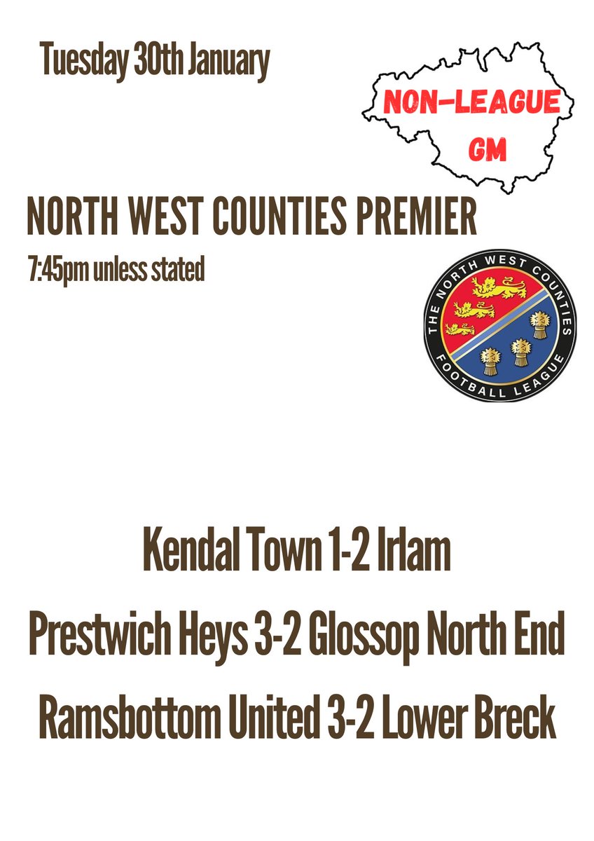 It was 3 wins from 3 in the <a href="/nwcfl/">The NWCFL ⚽️</a> Premier, as <a href="/IrlamFC/">IRLAM FC (Manchester FA Premier Cup Winners 2025)</a> scored 2 in injury time to beat Kendal

There were a pair of 3-2 home wins for <a href="/PrestwichHeysFC/">Prestwich Heys</a> &amp; <a href="/RamsbottomUtd/">Ramsbottom United</a> 

Heys are now 8 points off the top, but with 4 games in hand