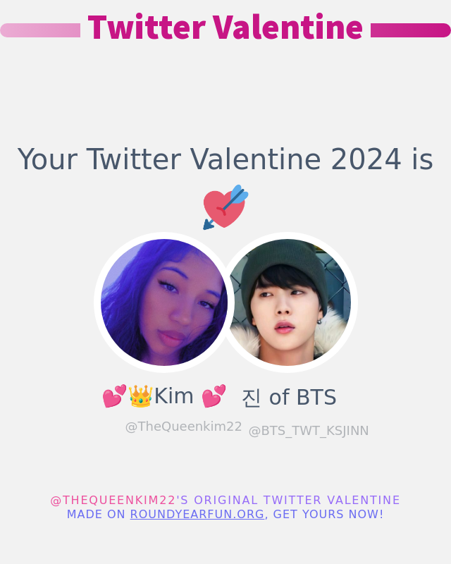 My Twitter Valentine 2024 is going to be: @BTS_TWT_KSJINN

➡️ funxgames.me/twittervalenti… #valentinesday2024 #ValentinesDay
