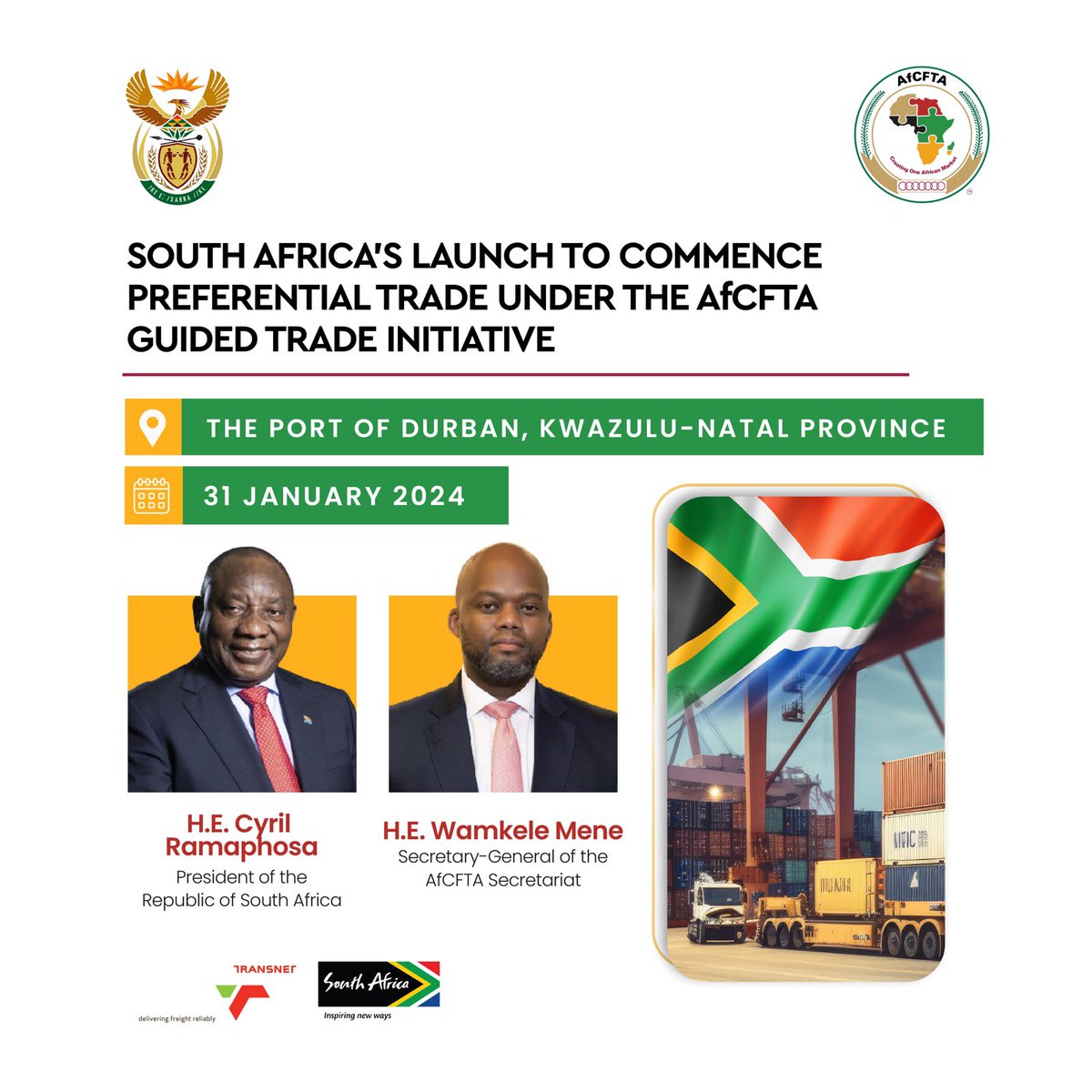 Today, the Republic of South Africa is commencing preferential trade under the #AfCFTA!

For the very first time, South African companies will send shipments under #AfCFTA rules. These products range from grinding materials, appliances and electrical parts to accessories and