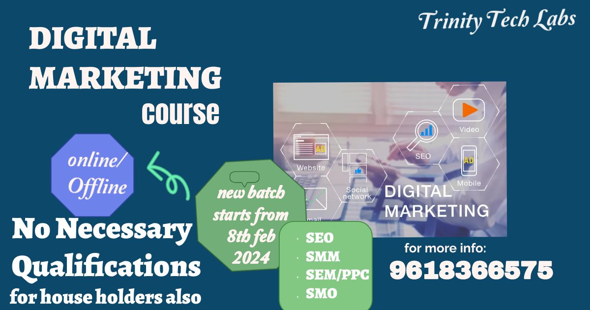 LabsTrinitytech's tweet image. DIGITAL MARKETING
#Trinity Tech Labs
#Classroom and Online #15+Topics #Trained Faculty #Placement Assistance #Live Project Experience
E-Mail: trinitytechlabs1@gmail.com
Contact us:9618366575