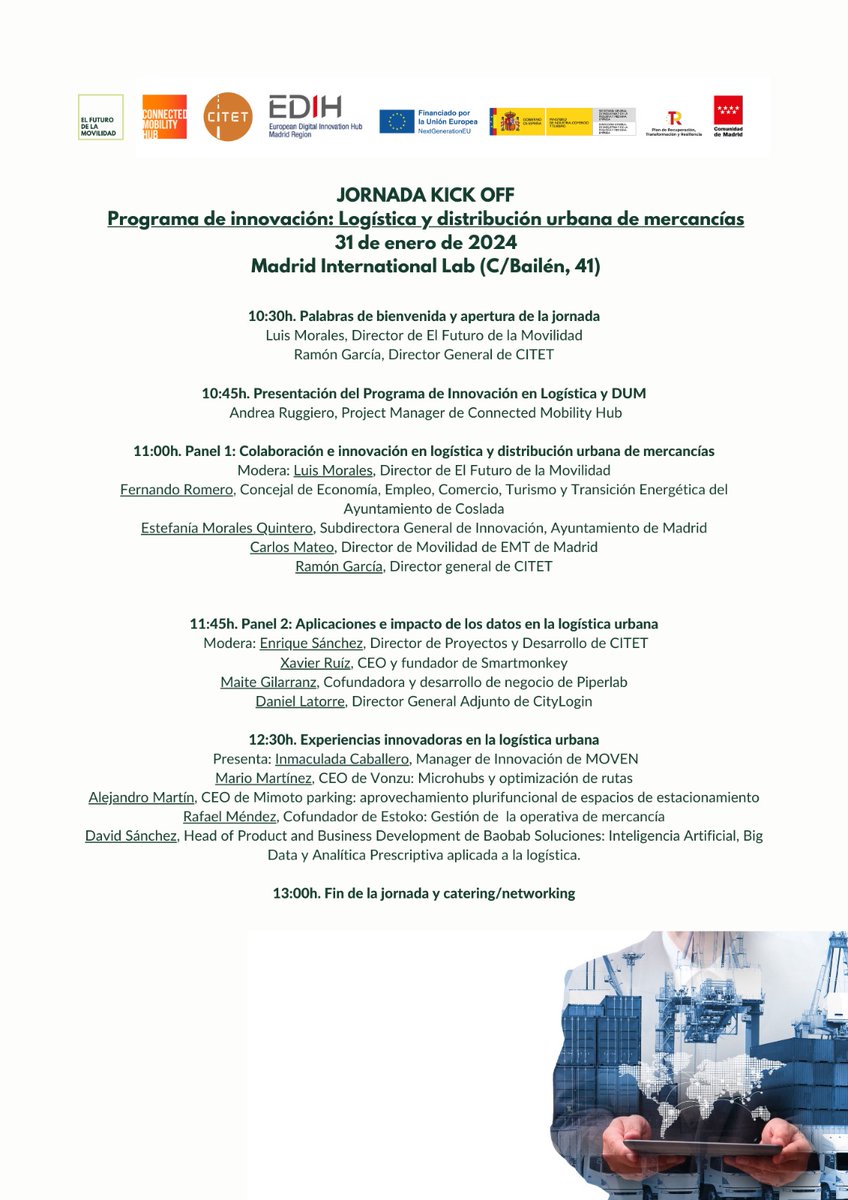 luismorcar's tweet photo. A las 10:30h comenzamos la jornada inaugural del Programa de #Innovación en #LogísticaUrbana que hemos puesto en marcha con la ayuda de @CITETlogistica y @EdihMadrid.
Todavía puedes apuntarte y participar: 
https://t.co/cH0Vdh8slv https://t.co/lXNXsQNEi4