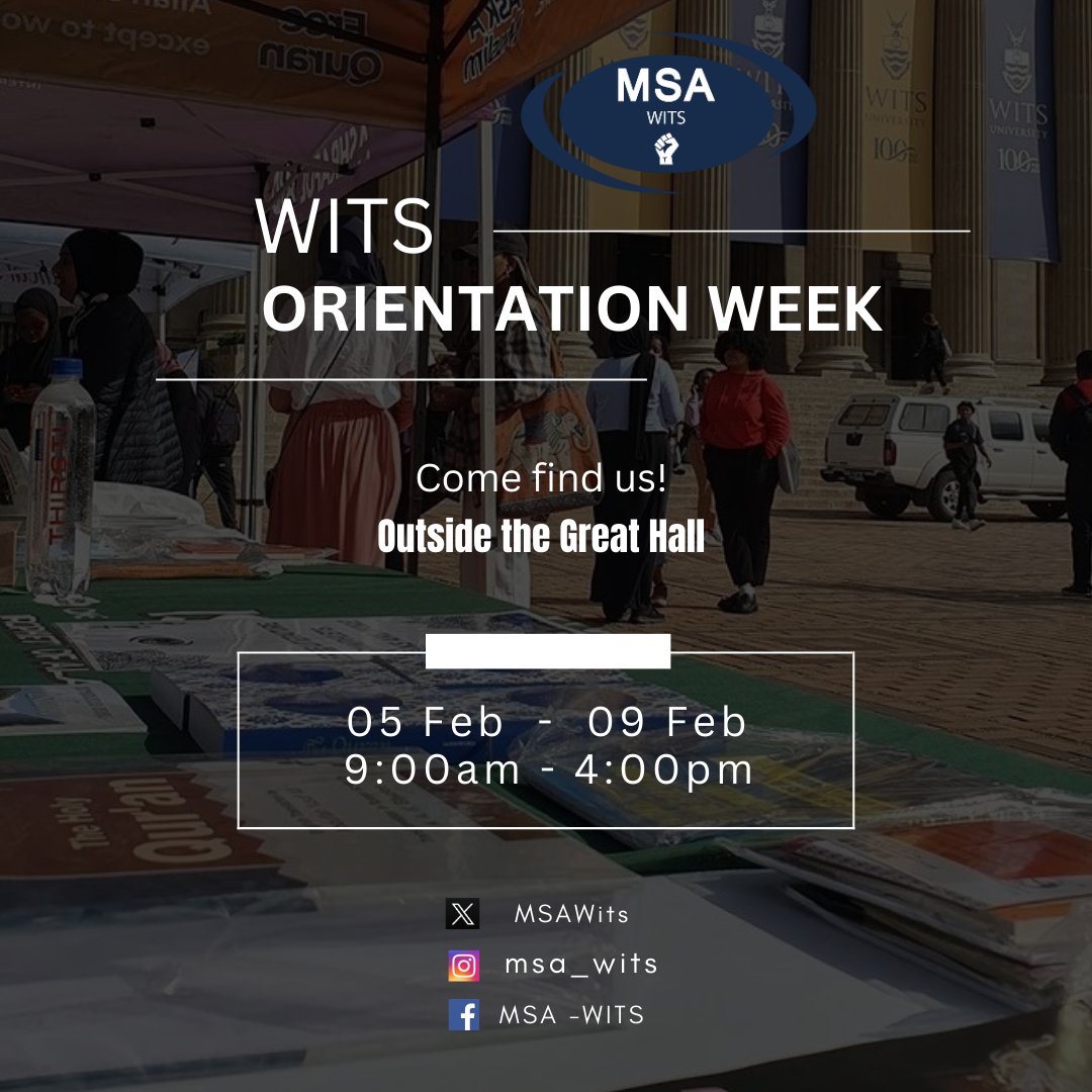 MSAWits's tweet photo. Come find us during O - Week! 
Outside the Great Hall 🏛
Come say "Salaam", get help signing up, or just come by for the chocolates 🍫🍬

WITS MSA looks forward to seeing you all there inshAllah! https://t.co/a6gcJN4FKZ