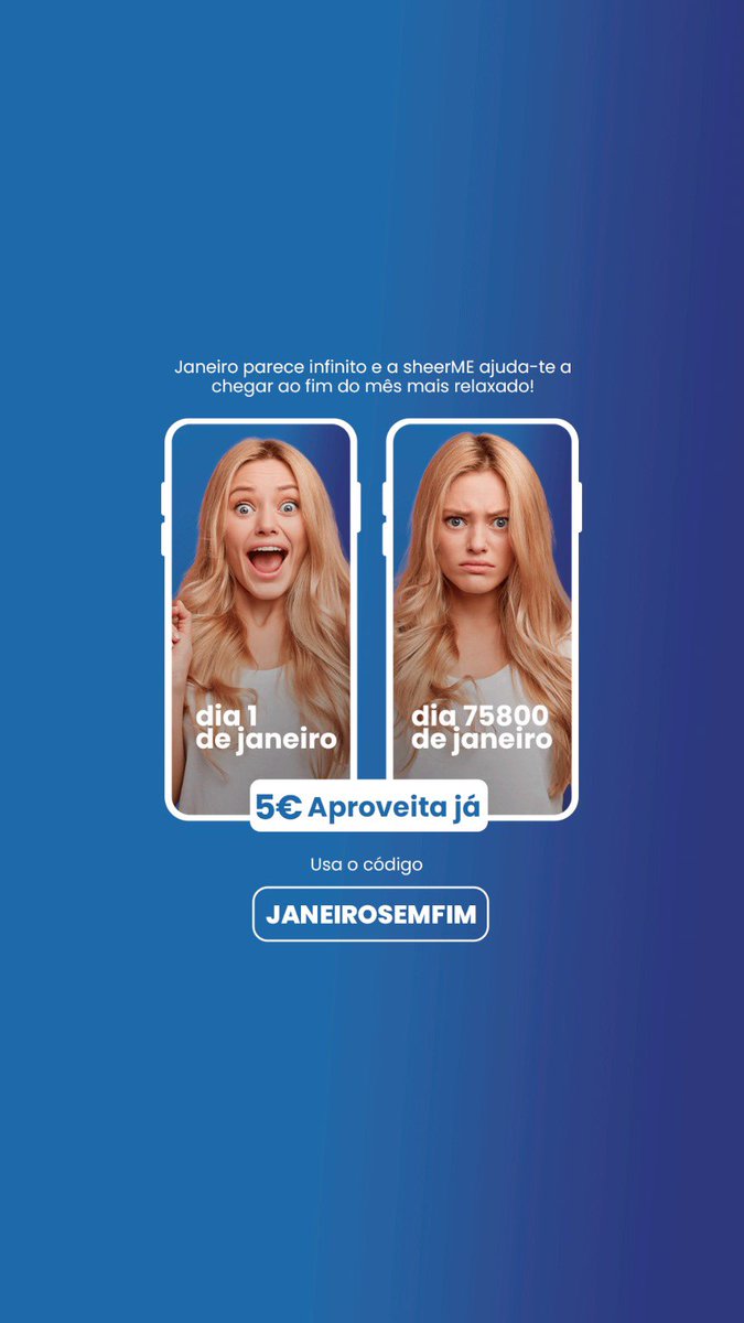 Ainda estamos em Janeiro! 😨
Este mês parece ter  75800 dias🤦🏻... 

Para te ajudar a chegar ao fim do mês mais sem fim…  a <a href="/sheerMEapp/">sheerME</a> vai te ajudar … utiliza o código JANEIROSEMFIM e ganha 5€ para descontar na tua próxima marcação e te ajudar a chegar até ao final deste mês!