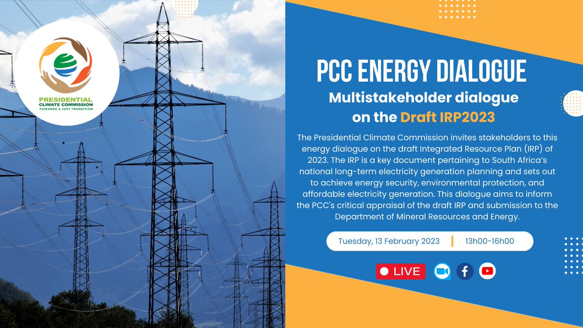 EVENT | PCC Multistakeholder Energy Dialogue on the Draft #IRP2023 Join this webinar to explore the draft IRP2023 & inform the PCC's submission to the @DMRE_ZA. 📅Tuesday, 13 February 2024 ⏰13h00-16h00 💻Register: climatecommission-org-za.zoom.us/webinar/regist… #EnergyDialogue #LeaveNoOneBehind