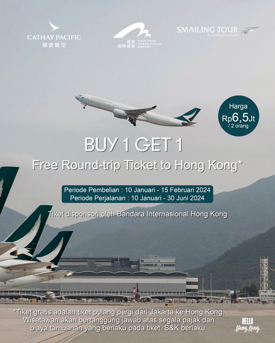 smailingtour's tweet photo. ✈️Beli 1 Tiket, Gratis 1 Tiket ke Hong Kong Diperpanjang!

Dapatkan harga tiket Cathay Pacific Rp 6,5 Jt pulang pergi untuk dua orang! Pesan tiketnya sampai 15 Februari 2024. 

More info
WA : 081314498833 &amp; 08119338833
Email : customercare@smailingtour.co.id https://t.co/lL8EV0JVfb