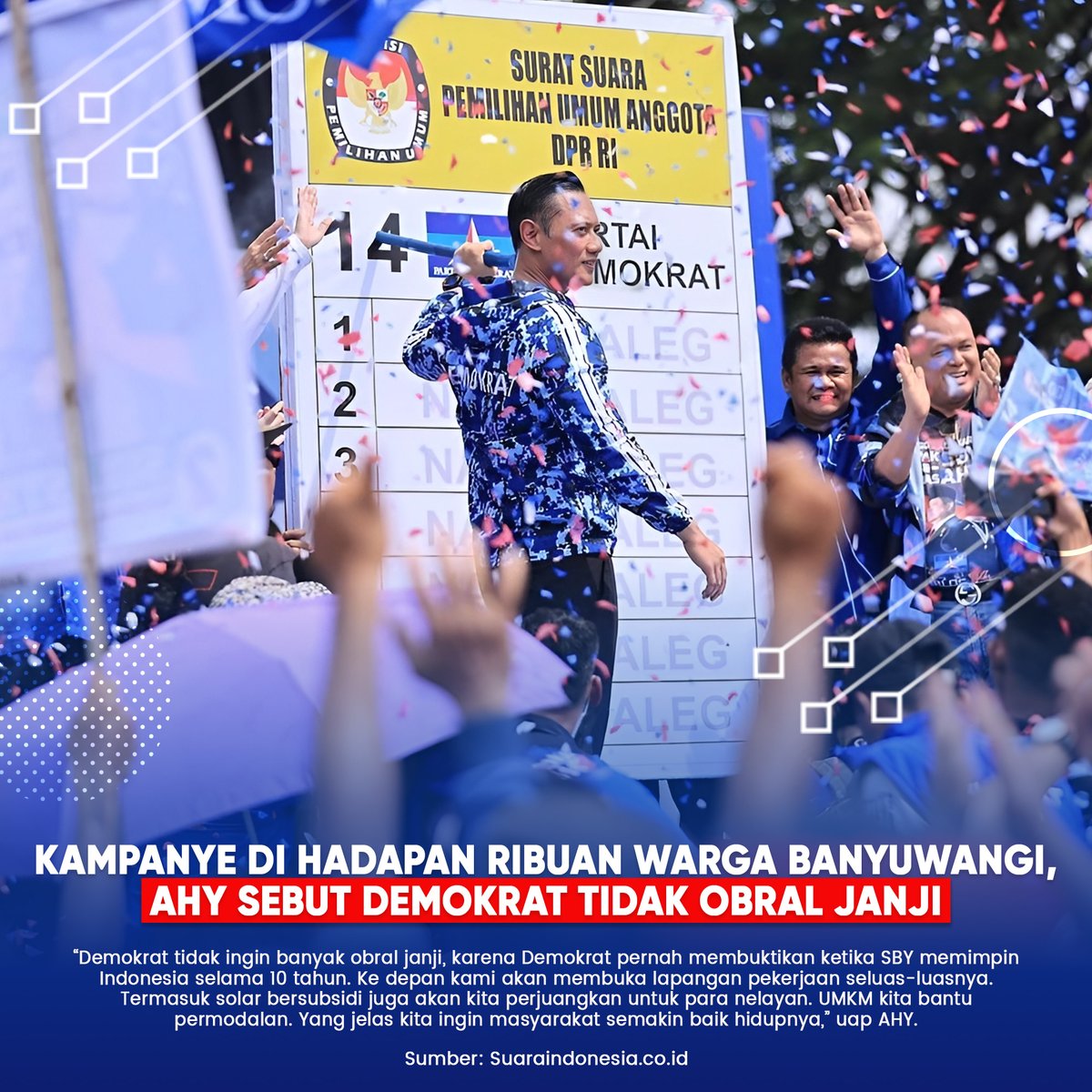 RyanKamil5's tweet photo. Kampanye di hadapan ribuan warga Banyuwangi, AHY sebut Demokrat tidak obral janji

#DemokratPilihanRakyat

https://t.co/NEVWW6rIEq