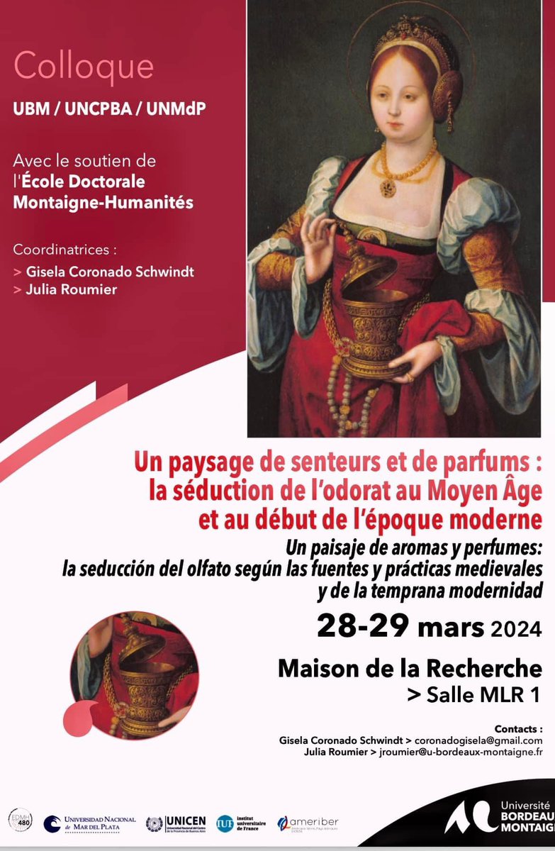 EREMM_UBM's tweet photo. Colloque « Un paysage de #senteurs et de #parfums : la séduction de l’odorat au Moyen Âge et au début de l’époque moderne » organisé par @RoumierJulia et @giselacoronados  

28 et 29 mars à l’@UBMontaigne et en ligne 

Inscription et  programme 👇

https://t.co/KDykefUeAc https://t.co/6KXCcJq6C0