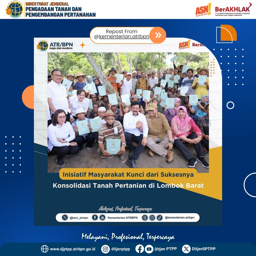 Ditjen5PTPP's tweet photo. Menteri Agraria dan Tata Ruang/Kepala Badan Pertanahan Nasional (ATR/BPN), Hadi Tjahjanto menyerahkan 160 sertipikat tanah kepada masyarakat Kabupaten Lombok Barat, Provinsi Nusa Tenggara Barat (NTB) tepatnya Desa Lembar dan Desa Lembar Selatan pada Kamis (25/01/2024). https://t.co/fUvXlchXQ7