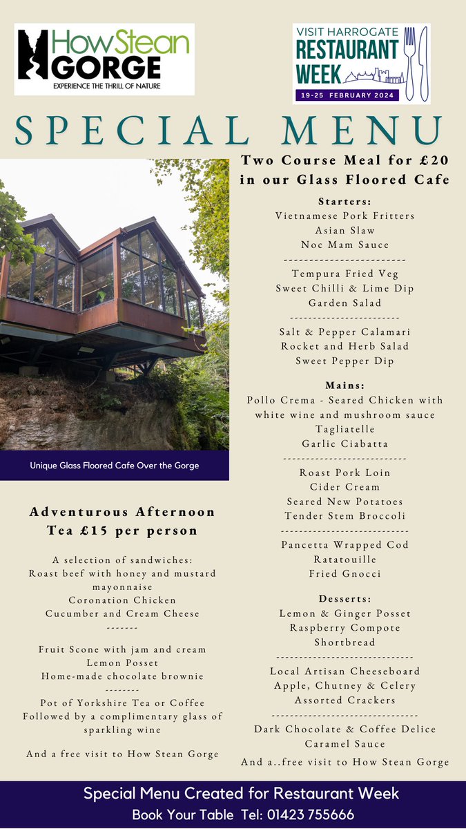 As part of @VisitHarrogate #RestaurantWeek 🍽️ (19th - 25th Feb 2024), our Chef has created two special menus for you to enjoy in our glass-floored cafe. So don’t miss this treat and book your table! ☎️ Call our team on 01423 755666 #harrogate #Afternoontea #yorkshiredales