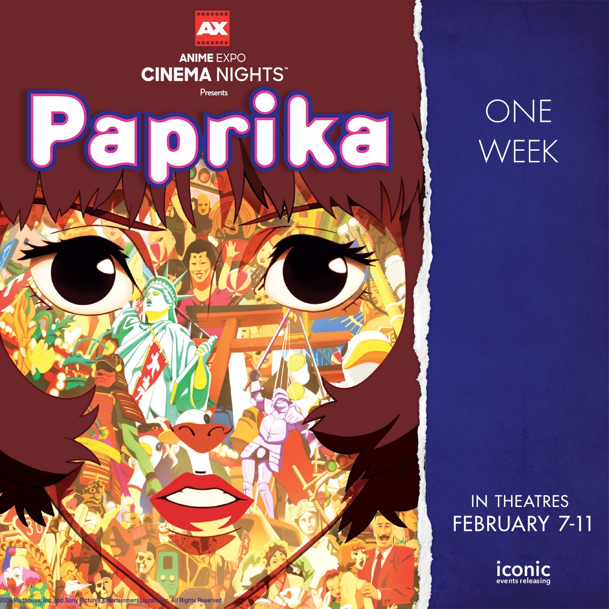 iconicreleasing's tweet photo. Satoshi Kon's Paprika returns to theaters for a limited time! Don't miss the World Premiere of the beautifully 4K restored and remastered version of the film. Book now! https://t.co/U4lJjjCgYJ #ACXN #paprika #satoshikon #iconiceventsnow #worldpremiere #4k @ICONICEventsNow https://t.co/rONiSe1urZ