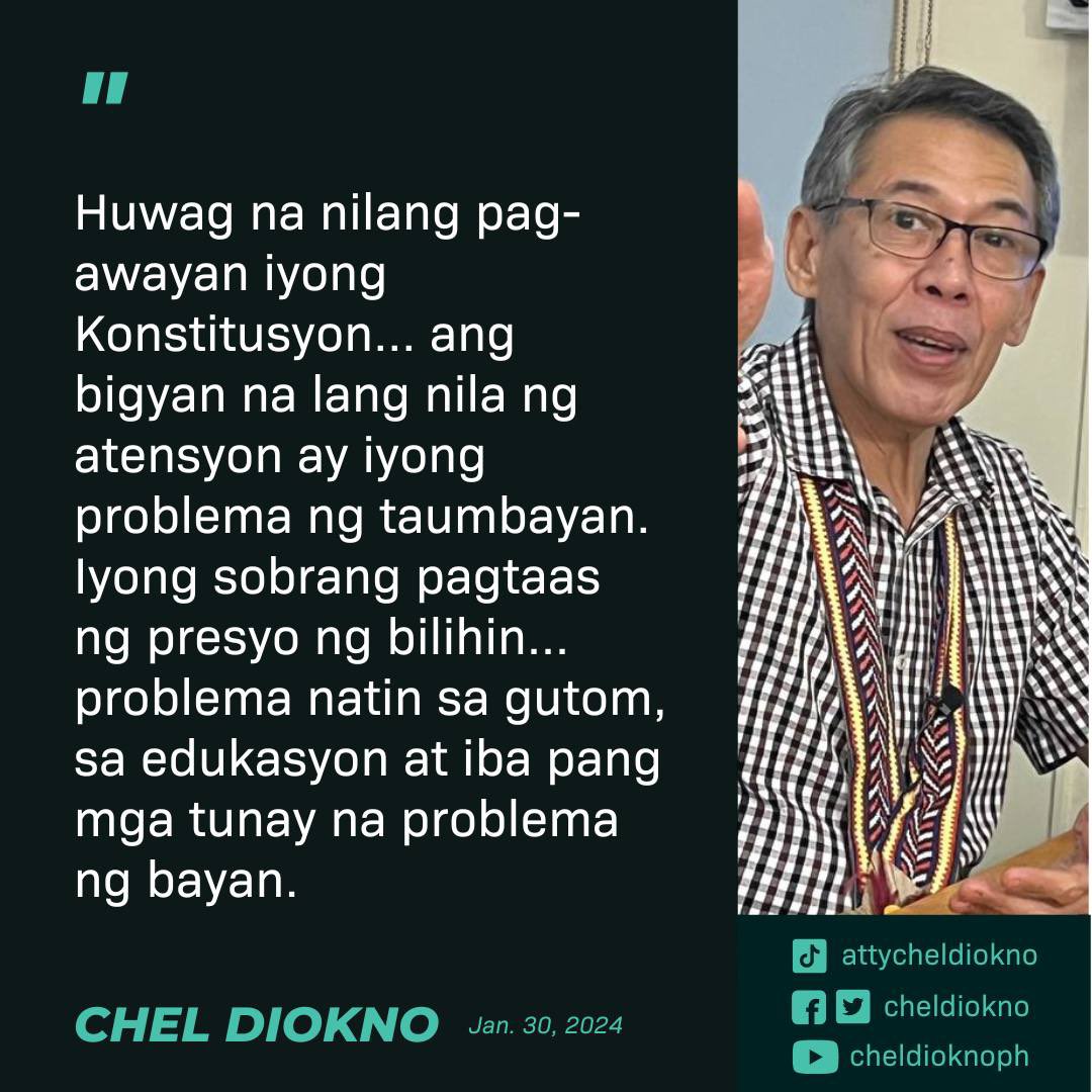ChelDiokno's tweet photo. Sana huwag na nilang pag-awayan iyong Konstitusyon, whether pro-sila o anti-Chacha, ang bigyan na lang nila ng atensyon ay yung problema ng taumbayan. Yung sobrang pagtaas ng presyo ng bilihin, iyong problema natin sa gutom, sa edukasyon at iba pang mga tunay na problema ng bayan https://t.co/YTMwirsM0V