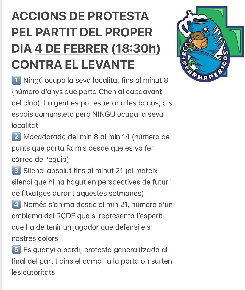 ⚠️ Sobre nostre proposta d protesta pel proper diumenge dia de partit:

✅ Es una proposta amb tota la bona intenció de fer visible el descontent de l’afició amb els últims aconteixements
✅ NO tirarem endevant si no tenim el recolzament de la nostra Federació <a href="/fcp_espanyol/">FCPE</a> #rcde
